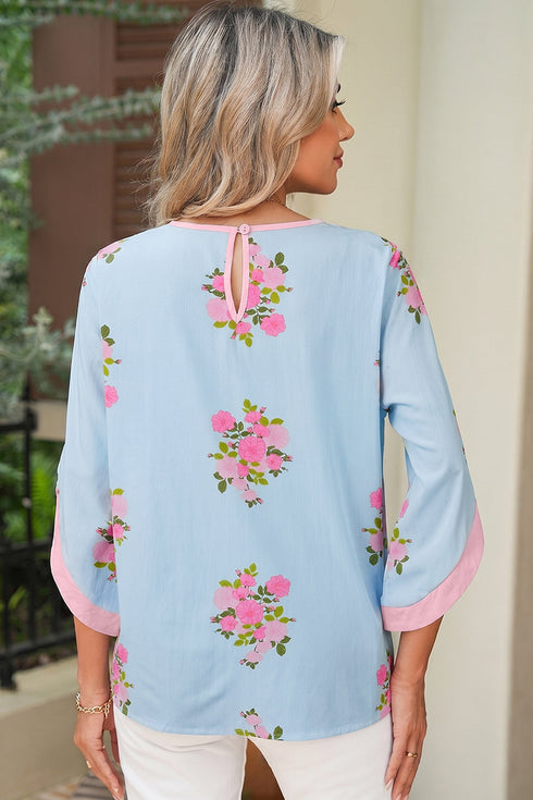 All Over Floral Print Round Neck Button Cuffed Blouse