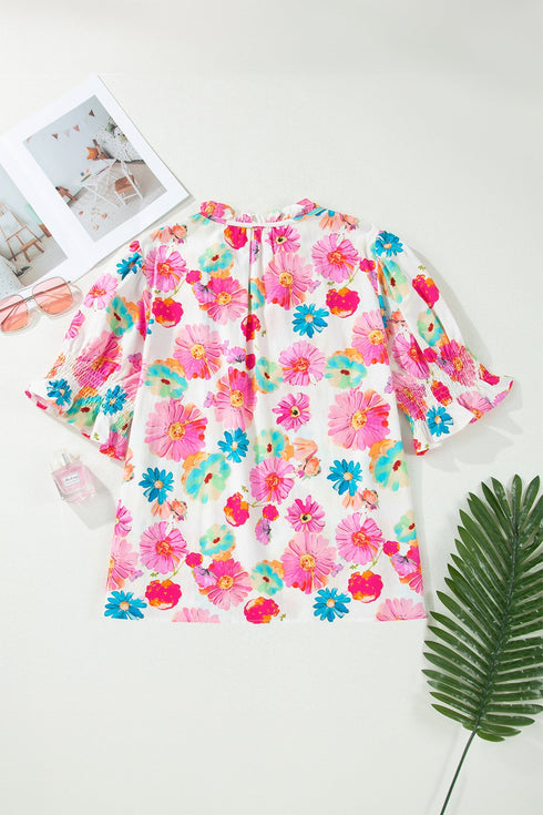 All Over Floral Print Ruched Short Sleeve Blouse