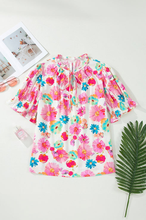 All Over Floral Print Ruched Short Sleeve Blouse