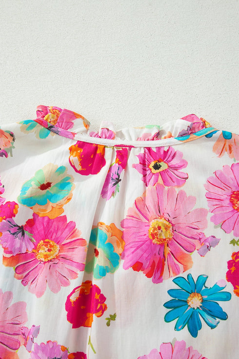 All Over Floral Print Ruched Short Sleeve Blouse