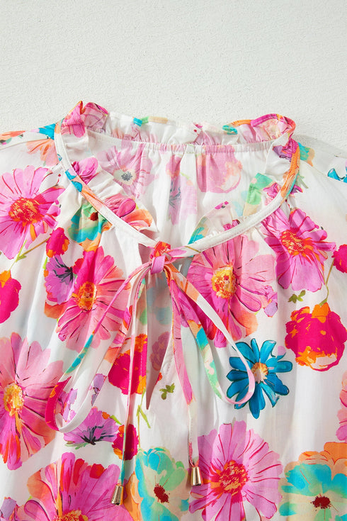 All Over Floral Print Ruched Short Sleeve Blouse