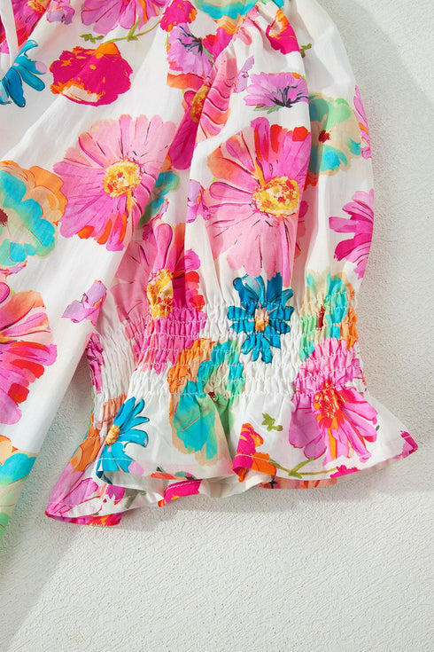 All Over Floral Print Ruched Short Sleeve Blouse