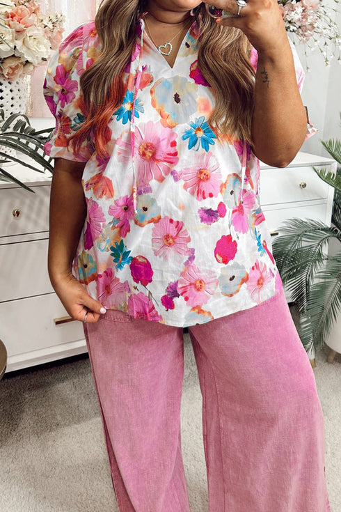 All Over Floral Print Ruched Short Sleeve Blouse