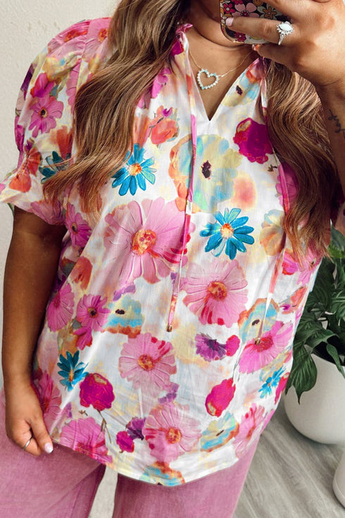 All Over Floral Print Ruched Short Sleeve Blouse