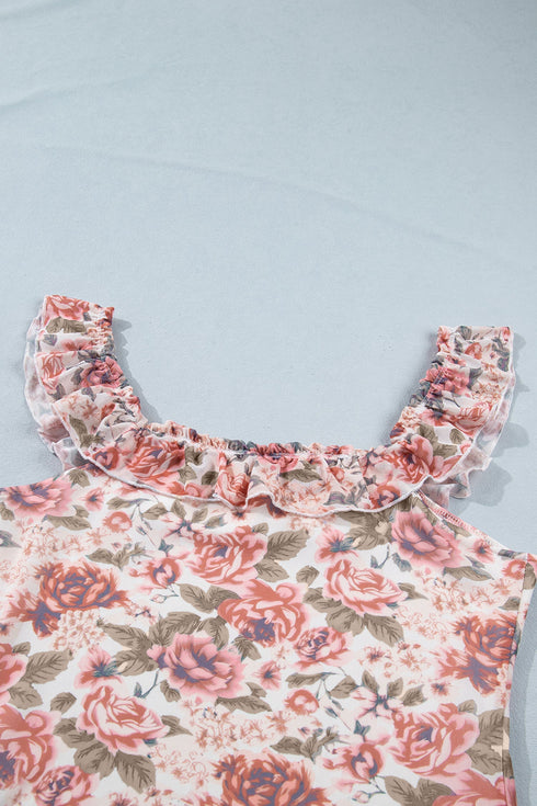 All Over Floral Print Ruffle Trim Square Neck Tank Top