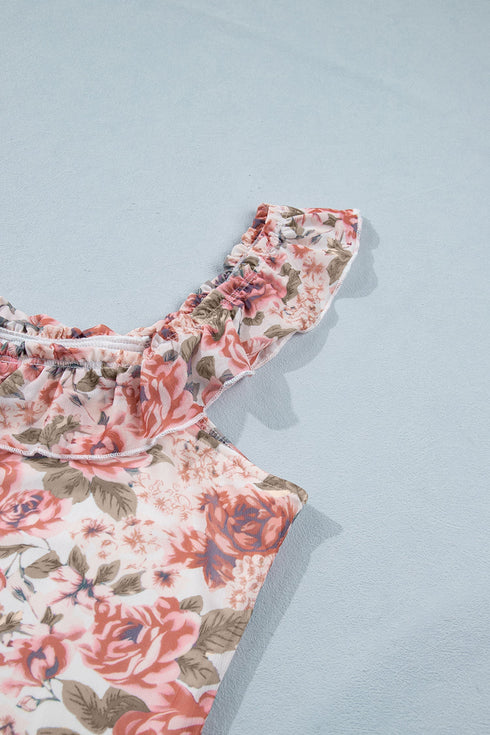 All Over Floral Print Ruffle Trim Square Neck Tank Top