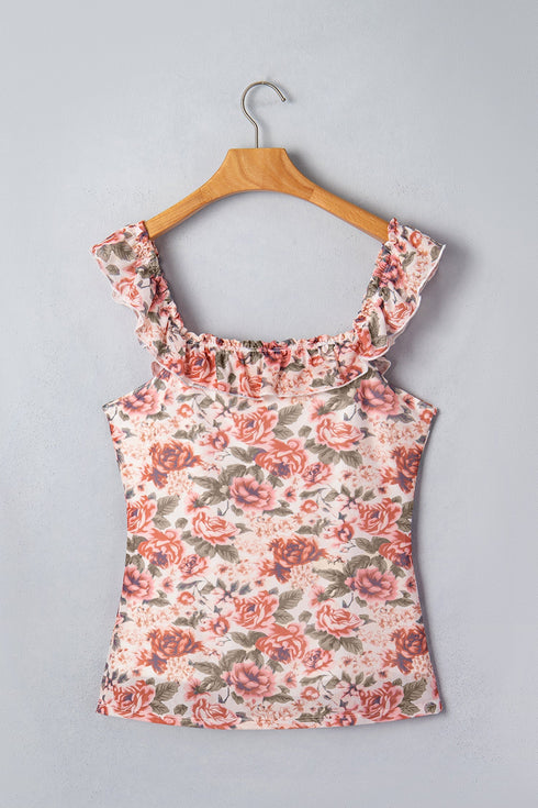 All Over Floral Print Ruffle Trim Square Neck Tank Top