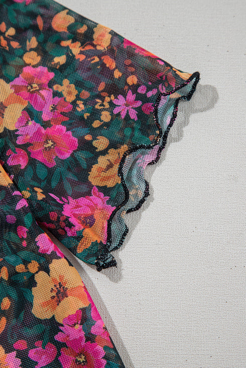 All Over Floral Print Sheer Mesh Stand Neck Short Sleeve Top