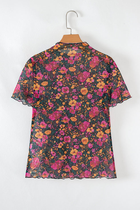 All Over Floral Print Sheer Mesh Stand Neck Short Sleeve Top