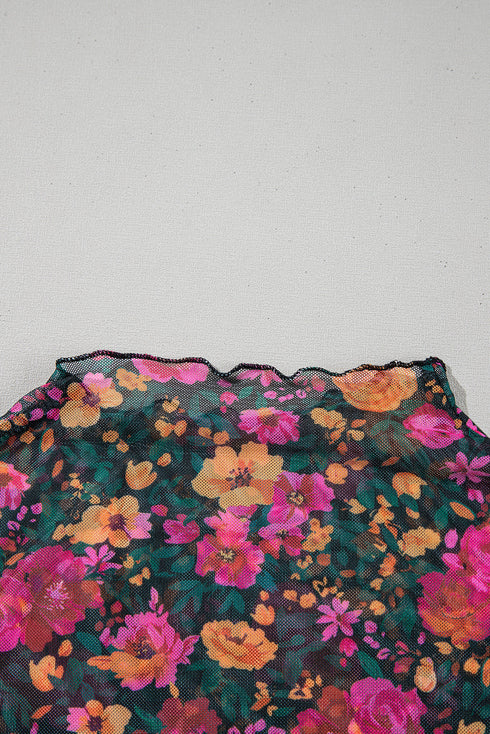 All Over Floral Print Sheer Mesh Stand Neck Short Sleeve Top