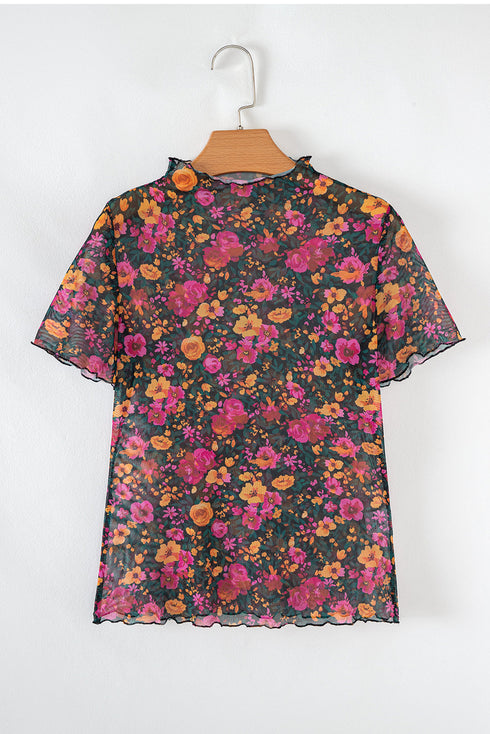 All Over Floral Print Sheer Mesh Stand Neck Short Sleeve Top