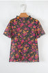 All Over Floral Print Sheer Mesh Stand Neck Short Sleeve Top