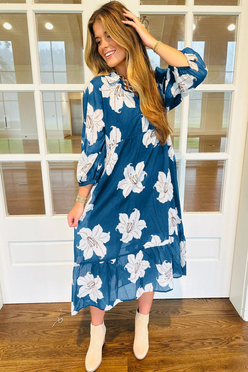 All Over Floral Print Shirt Collar Midi Shift Dress