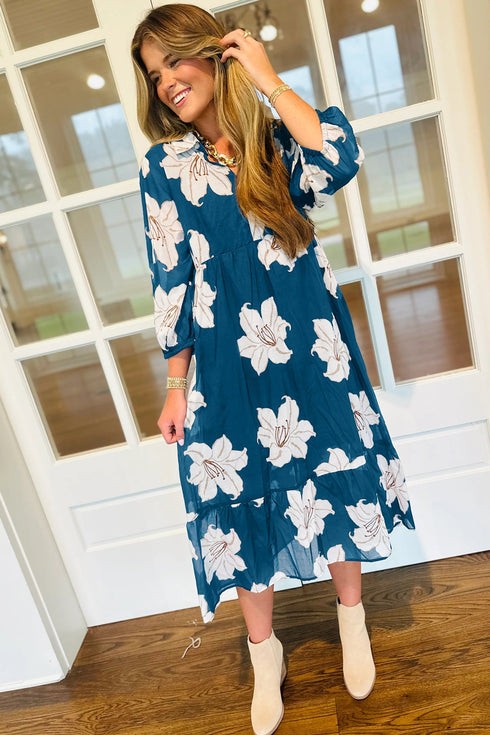 All Over Floral Print Shirt Collar Midi Shift Dress