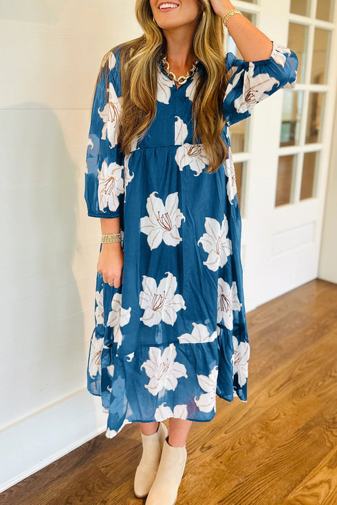All Over Floral Print Shirt Collar Midi Shift Dress