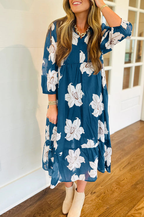 All Over Floral Print Shirt Collar Midi Shift Dress