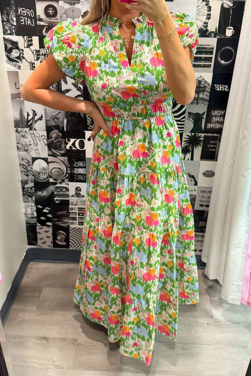 All Over Floral Print Smocked Puff Sleeve Maxi Dress