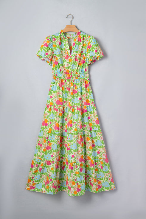 All Over Floral Print Smocked Puff Sleeve Maxi Dress