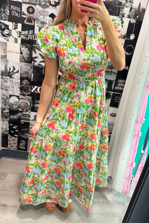 All Over Floral Print Smocked Puff Sleeve Maxi Dress