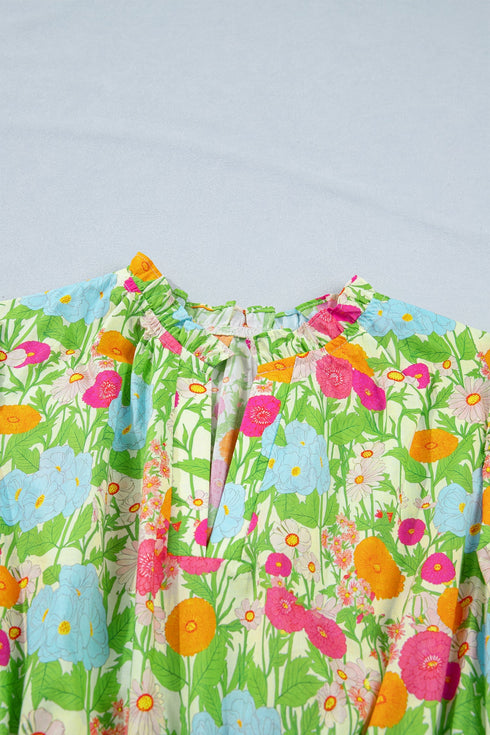 All Over Floral Print Smocked Puff Sleeve Maxi Dress