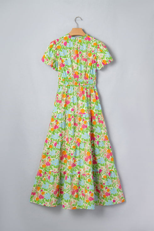 All Over Floral Print Smocked Puff Sleeve Maxi Dress
