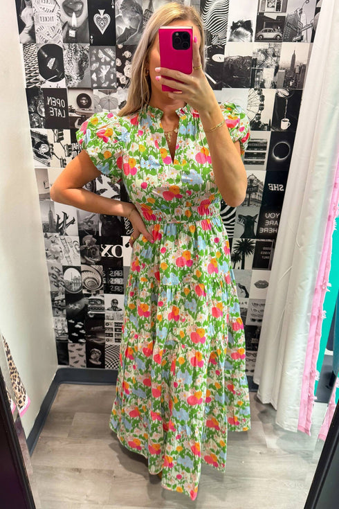 All Over Floral Print Smocked Puff Sleeve Maxi Dress