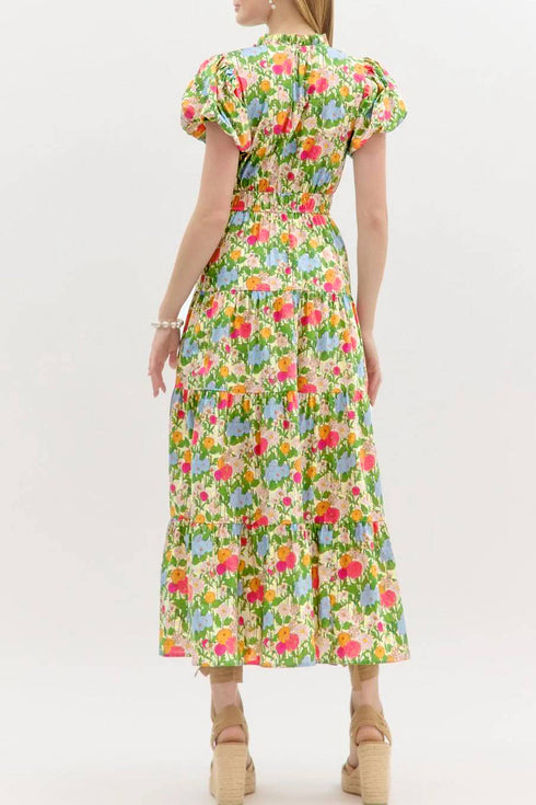 All Over Floral Print Smocked Puff Sleeve Maxi Dress