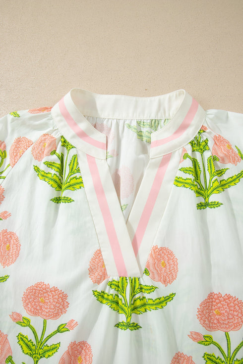 All Over Floral Print Striped Trim V Neck Blouse