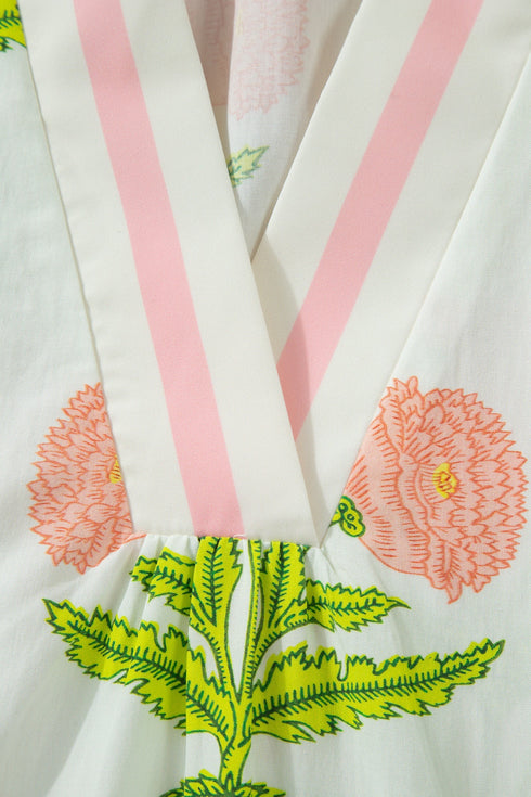 All Over Floral Print Striped Trim V Neck Blouse