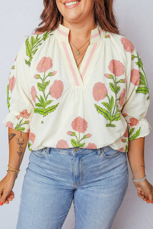 All Over Floral Print Striped Trim V Neck Blouse