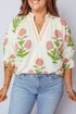 All Over Floral Print Striped Trim V Neck Blouse