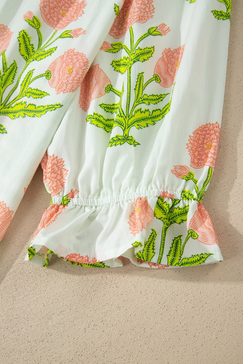 All Over Floral Print Striped Trim V Neck Blouse