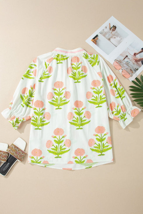 All Over Floral Print Striped Trim V Neck Blouse