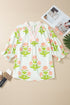 All Over Floral Print Striped Trim V Neck Blouse