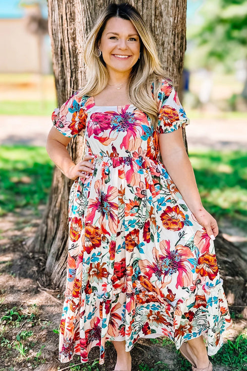 All Over Floral Puff Sleeve Square Neck Midi Dress