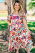 All Over Floral Puff Sleeve Square Neck Midi Dress