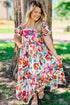 All Over Floral Puff Sleeve Square Neck Midi Dress