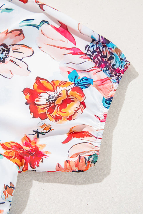 All Over Floral Puff Sleeve Square Neck Midi Dress