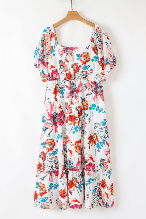 All Over Floral Puff Sleeve Square Neck Midi Dress