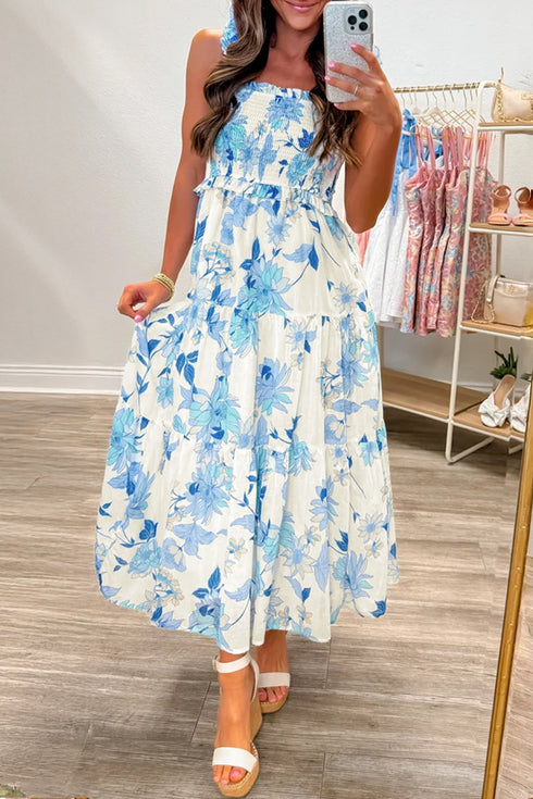 All Over Floral Ruffled Strap Smocked Maxi Dress