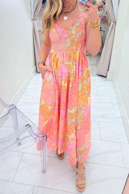 All Over Floral Smocked High Waist Spaghetti Strap Dress