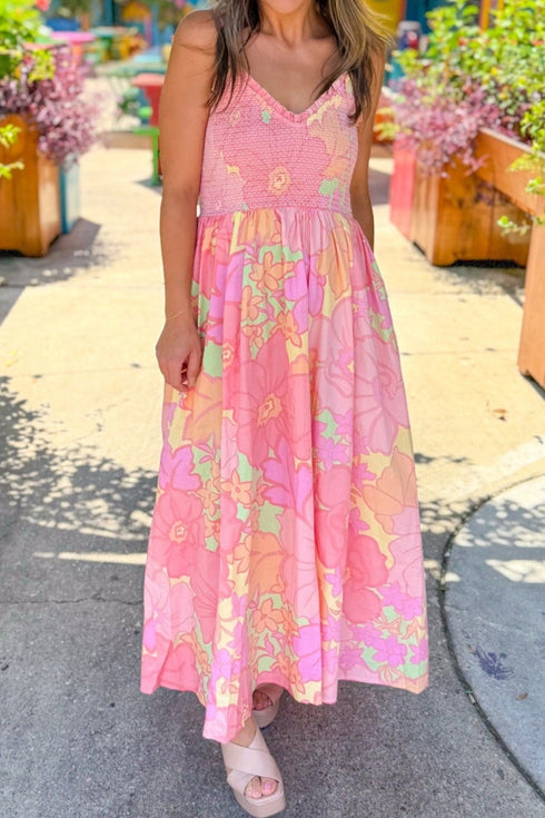 All Over Floral Smocked High Waist Spaghetti Strap Dress