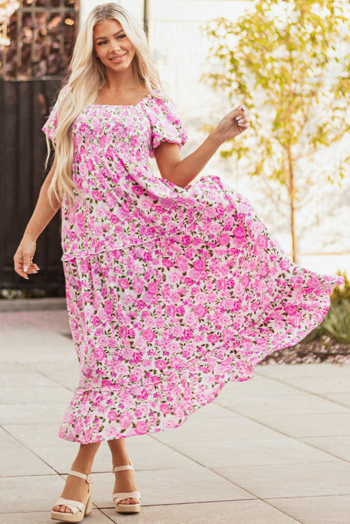 All Over Floral Smocked Puff Sleeve A Line Maxi Dress