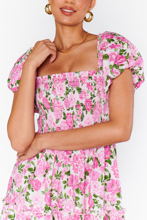 All Over Floral Smocked Puff Sleeve A Line Maxi Dress