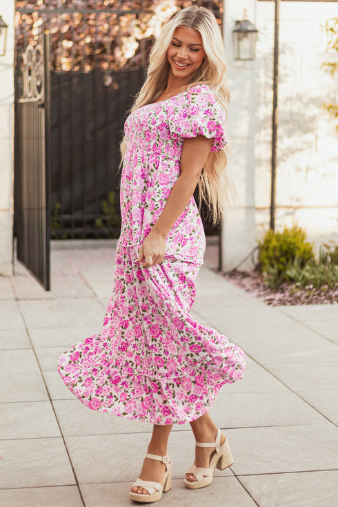 All Over Floral Smocked Puff Sleeve A Line Maxi Dress