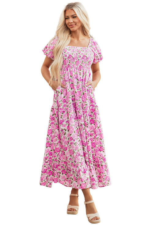 All Over Floral Smocked Puff Sleeve A Line Maxi Dress