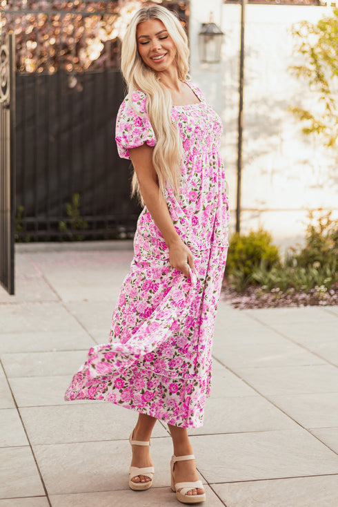 All Over Floral Smocked Puff Sleeve A Line Maxi Dress
