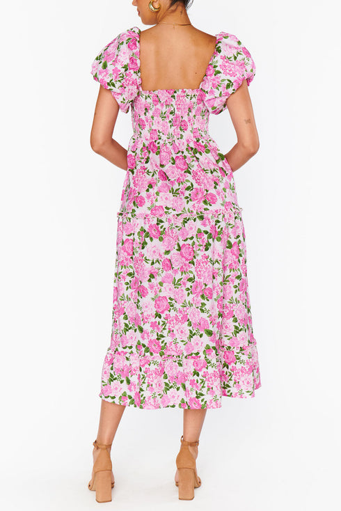 All Over Floral Smocked Puff Sleeve A Line Maxi Dress