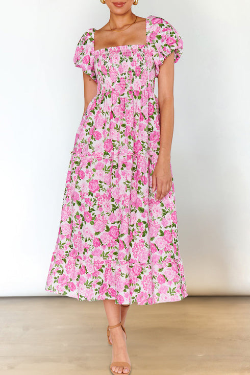 All Over Floral Smocked Puff Sleeve A Line Maxi Dress