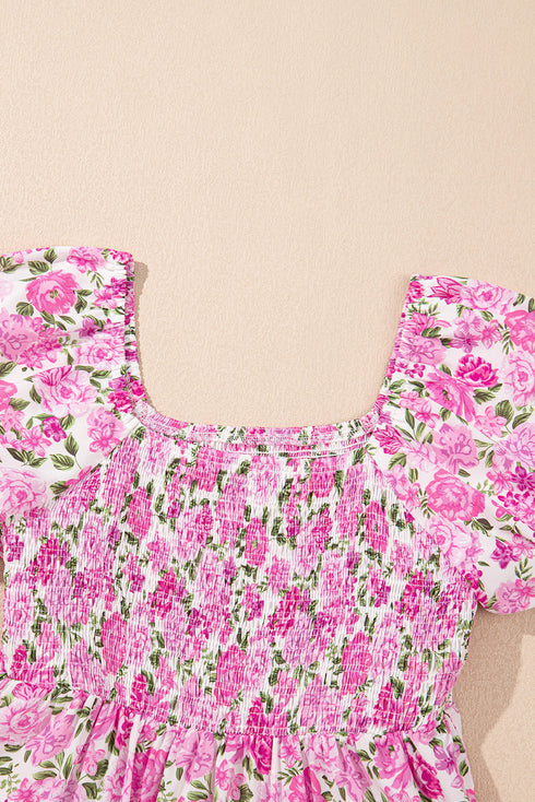 All Over Floral Smocked Puff Sleeve A Line Maxi Dress